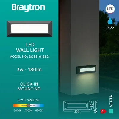 Productafbeelding van Braytron LED zwarte wandlamp, geschikt voor buiten gebruik, IP65 – 3W | 3-in-1 kleurtemperatuur | Verlichting voor trappen en gangen