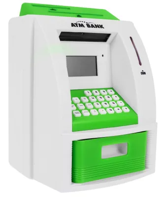 Immagine prodotto di Salvadanaio ATM per bambini dai 3 anni in su, verde. Funzioni interattive + carta bancomat