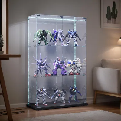 Image de Vitrine en verre INONEFT avec éclairage LED, design moderne, double porte, étagère à 3 niveaux, idéale pour le salon, la chambre ou le bureau, pour exposer vos objets de valeur. Dimensions : 123,3 x 78,5 x 35 cm. Couleur : noir