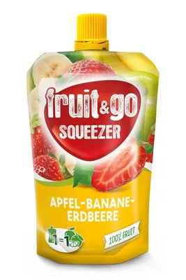 Produktbild von fruit&go SQUEEZER Fruchtpüree Mischkarton 18x100g, 3 Sorten, 6xApfel/Banane/Erdbeere, 6xApfel/Pfirsich/Banane/Marille, 6xApfel/Birne/Maracuja