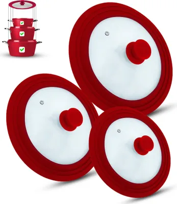 Produktbild von Universal Glasdeckel, Glasdeckel, Deckel, Töpfe und Pfannen, mit Auslassventil und Silikonrand. (3er Set,Rot)