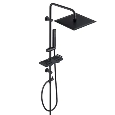Produktbild von JOHO Regendusche Duschsystem mit Ablage, Edelstahl Duschset ohne Armatur mit Duschkopf, Duschstange, Duschschlauch, XXL Kopfbrause 30x30cmSchwarz
