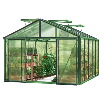 Produktbild von GFP Gewächshaus Asteria 23 Premium 311x385 cm mit integriertem Fundament 16 mm Doppelstegplatten, Farbe Moosgrün