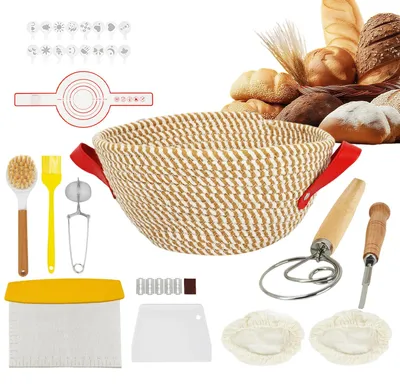Immagine prodotto di Set per la panificazione: cestino per lievitazione del pane (23 cm), corda di cotone, 16 forme, 2 spatole per impasto, setaccio per farina, accessori per la panificazione
