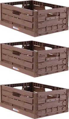 Three identical brown folding crates are stacked vertically against a white background.