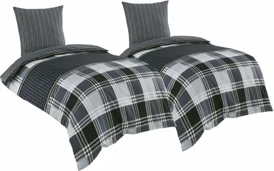 Produktbild von 4 tlg Baumwolle Renforce Bettwäsche 135x200 + 80x80 grau schwarz kariert Wendebettwäsche Ramos