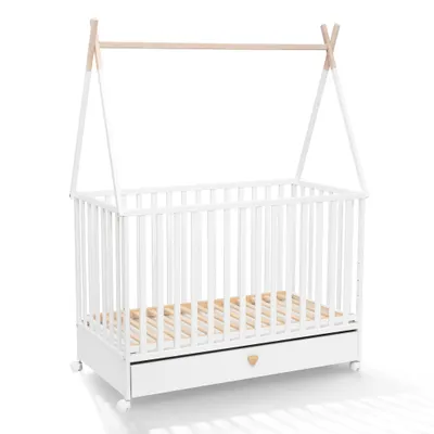 A white baby crib with a wooden canopy frame and a drawer underneath, shown on a white background.