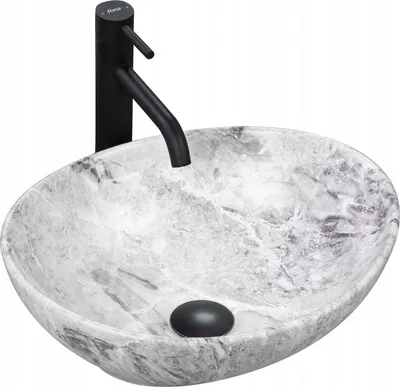 A grey oval basin with a black faucet, presented on a white background.