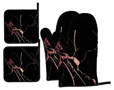 Produktbild von Ofenhandschuhe und Topflappen mit goldfarbener Marmorierung, Set mit 4 rutschfesten Grillhandschuhen, Küchenhandschuhe, hitzebeständig, für Küche, Kochen, Backen, Grillen
