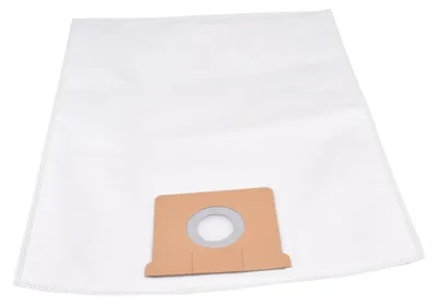 A white vacuum cleaner bag with a brown cardboard attachment is shown against a white background.