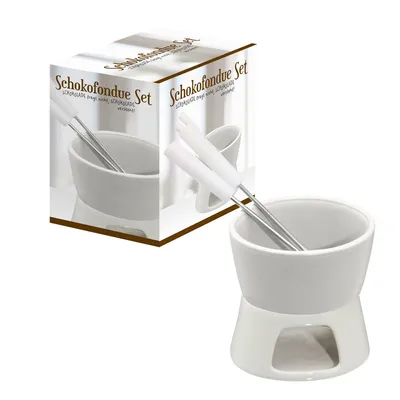 Obrázok produktu pre 1x keramická súprava na čokoládové fondue, biela, vrátane 2 vidličiek z nehrdzavejúcej ocele, cca 9x6,5 cm