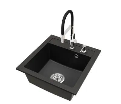 Produktbild von Granit Küchenspüle Schwarz mit VENICE Armatur, Chrom-Siphon und Seifenspender