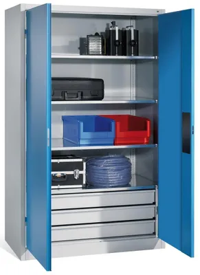 Produktbild von Schwerlastschrank mit unterem Schubladenblock, BxTxH 1200x500x1950 mm, RAL 7035