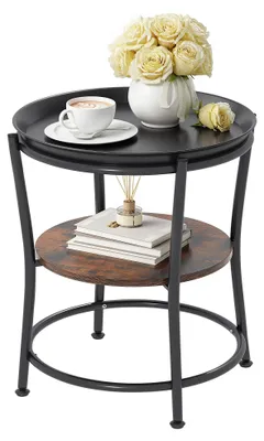 Image de Table d'appoint ronde YITAHOME avec espace de rangement à deux niveaux, de couleur marron rustique