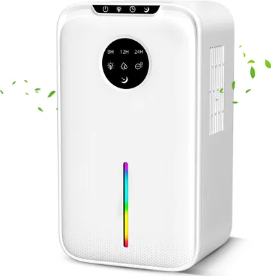 A white dehumidifier with a digital display and a rainbow light strip.