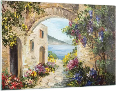 Produktbild von Bilder auf glas - Einteilig - Haus Santorini Blumen - 120x80cm - Glasbilder - Wandbilder - Bilder - zum Aufhängen bereit - Wanddekoration aus Glas - Glas Bilder - Wandbild auf Glas - GAA120x80-4191
