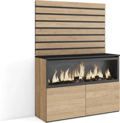 A modern electric fireplace sideboard with a slatted wood panel backdrop.