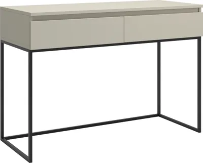 A modern desk with two drawers and a black metal frame, shown against a white background.