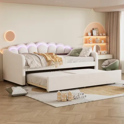 Produktbild von Samt Tagesbett mit ausziehbarem Unterbett, LED-Farbwechsel, vielseitiges Schlafsofa, Einzel- und Doppelbett ohne Matratze, 90x200cm, Beige