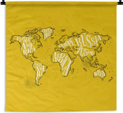 Produktbild von MuchoWow® Wandteppich Wandbehang Weltkarte - Gelb - Weiß - Buchstaben 120x120 cm Tapisserie Dekoration Wandtuch - Modern - Baumwollgewebe
