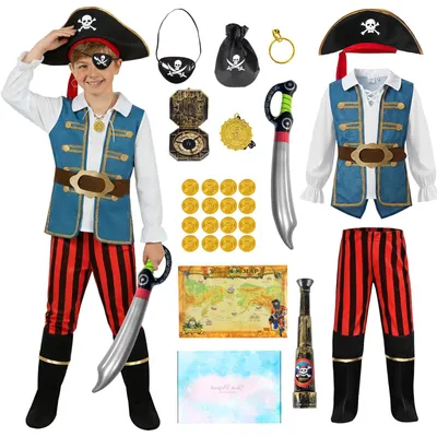 Immagine prodotto di Solidchoice - Costume da pirata per bambini, completo di cappello e accessori - Perfetto per il Carnevale e Halloween