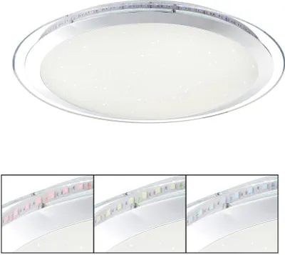 Immagine prodotto di Globo Lighting plafoniera metallo bianco, cromato, acrilico opale scintillante, trasparente, dimmerabile, diversi livelli tramite interruttore a parete, cambiacolori, colori fissi, cambiacolori RGB, colori RGB fissi, funzione memoria, luce notturna, telecomando, batteria inclusa 2x AAA, ø: 550mm, H: 100mm, incl. LED 60W 230V, 187-6680lm sorgente, 95-3757lm uscita, CCT 3000-6000K, incl. LED RGB 7W 230V, colorato