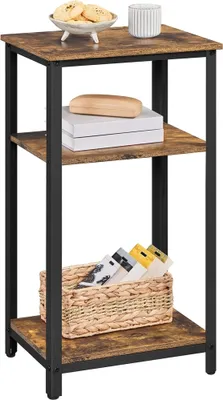 A three-tiered shelf unit with a rustic wood finish and black metal frame, decorated with a few items.