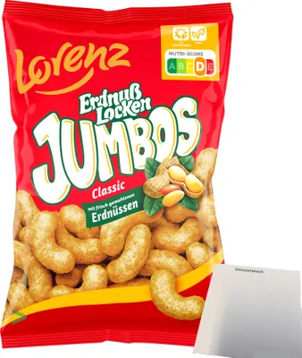 Produktbild von Lorenz Erdnußlocken Jumbos Classic XXL Erdnussflips Mais-Snack Erdnuss-Genuss (150g Packung) + usy Block
