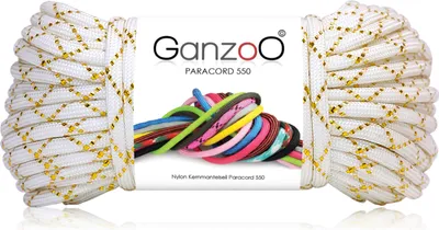 Produktbild von Paracord 550 Seil Glitter-Cord für Armband, Leine, Halsband, Nylon/Polyester-Seil mit 7 Kern-Strängen, 30 Meter, 4mm Stärke | Mehrzweck-Seil | Parachute Cord | Farbe: Weiß-Gold