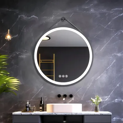 Obrázek produktu pro WISFOR, kulaté LED zrcadlo do koupelny, průměr 70 cm, nástěnné, s osvětlením, kožená poutka, 3 teploty světla, proti zamlžování, stupeň krytí IP66