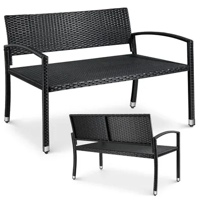 Zdjęcie produktu dla Ławka ogrodowa z rattanu, dwuosobowa, udźwig 320 kg, wymiary 122x60x85 cm, odporna na warunki atmosferyczne, kolor czarny