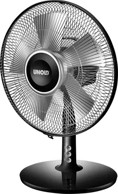 A black oscillating table fan with silver blades and a black base.
