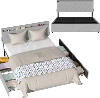 Produktbild von UISEBRT 140x200cm Hellgrau Polsterbett mit Schubladen, Leinenstoff, Gepolstertes Kopfteil und Stauraum, Robustes Bettgestell für das Schlafzimmer