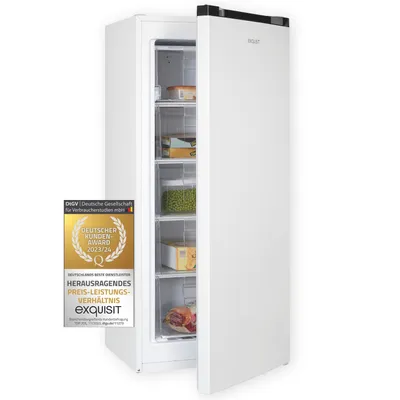 A white upright freezer with its door open, revealing shelves stocked with frozen food. A gold award badge is attached to the front of the freezer.