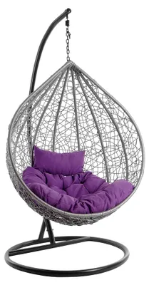 Produktbild von Komplettset: großer Hängesessel mit Gestell und Kissen, Lounge Möbel, Poly-Rattan, XXL, grau (Kissen: lila Chesterstepp)