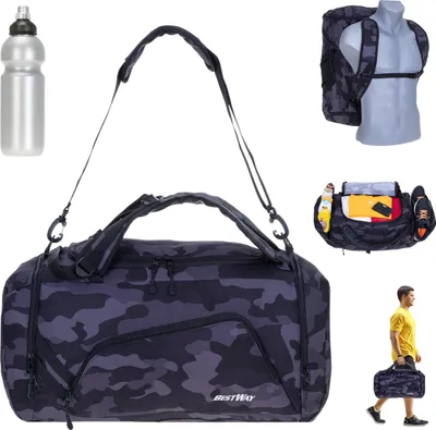 Produktbild von Sporttasche Herren Jungen Sport Tasche mit Rucksackfunktion Bestway Gym Sports 55 cm, 35 Liter Reisetasche Large gross Fitness 40312 0117 Camo Schwarz + Trinkflasche