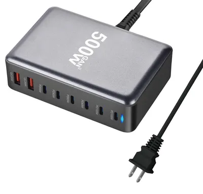 Produktbild von Bakeey YMX-500W GaN USB Ladegerät 500W, 8-Port Desktop Ladestation, 6×USB-C + 2×USB-A, PD/QC Schnellladung, Display, EU-Stecker Schwarz