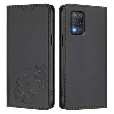Obrázek produktu pro Kožené pouzdro pro Realme 8 5G, motýlí ražbou, peněženkové flip pouzdro se stojánkem Černá
