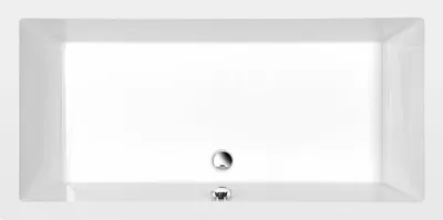 A top-down view of a white rectangular bathtub with a chrome drain and overflow.