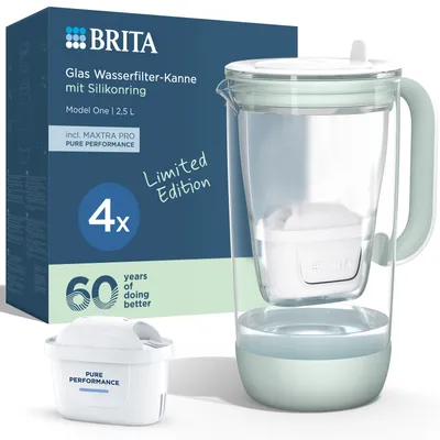 Produktbild von BRITA MAXTRA Glas-Wasserfilter Kanne hellgrün inkl. 4x Pure Performance Filter, KI-generiertes Bild