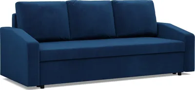 A studio shot of a blue sofa.