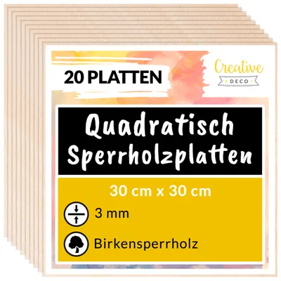 Produktbild von Creative Deco 20 Quadratische Sperrholzplatte 3mm | 300 x 300 (+/-0,5) mm | Birkensperrholz Dünne holz-Zuschnitte für Laubsäge Brandmalerei Laserschnitt CNC
