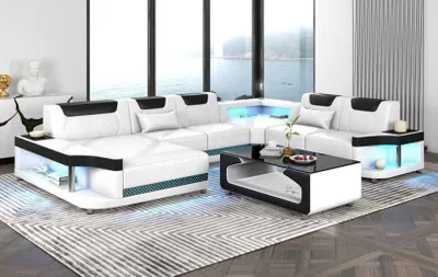 Image de Grand Canapé Salon LED XXL En Forme De U D’Angle En Cuir Blanc