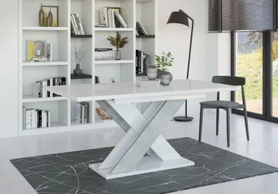 Produktbild von Esstisch XAO, Stilvoll Ausziehbar Esszimmertisch, Design Tisch, Esszimmer (Weiss Hochglanz + Beton)