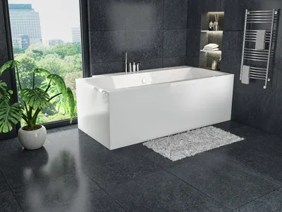 A modern bathroom with a freestanding bathtub, a large window overlooking a city and trees, and a towel warmer.