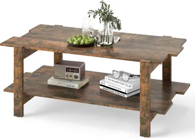Image de Table basse en bois - Table de salon rectangulaire - 2 niveaux - Design à lattes - Avec compartiment de rangement - Pour le salon et le bureau