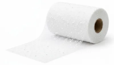 Produktbild von G.schmückt Tischband 15 cm x 25 m, schmales Dekoband zuschneidbar, semi-transparentes Mesh mit weißen Akzenten, festliche Tischdeko Weiß