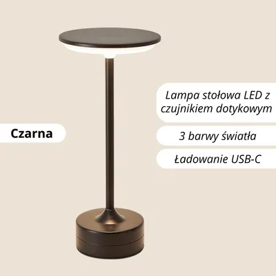 Zdjęcie produktu dla Lampa stołowa LED z czujnikiem dotykowym – 3 kolory światła, ściemniana – USB ładowana & bezprzewodowa – Nowoczesna lampka nocna – Czarna