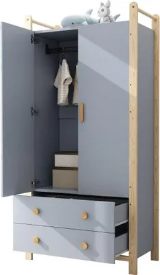 Produktbild von Blau Kleiderschrank 90x45x180 cm Mit Kieferrahmen 2 Tueren 2 Schubladen Mit Kleiderstange Schlafzimmer Wohnzimmer Flurgarderobe Spanplatte