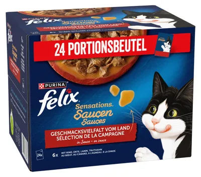Productafbeelding van FELIX Sensations Sauzen, natvoer voor katten. Een gevarieerd assortiment smaken, geïnspireerd door natuurlijke ingrediënten. 24 porties